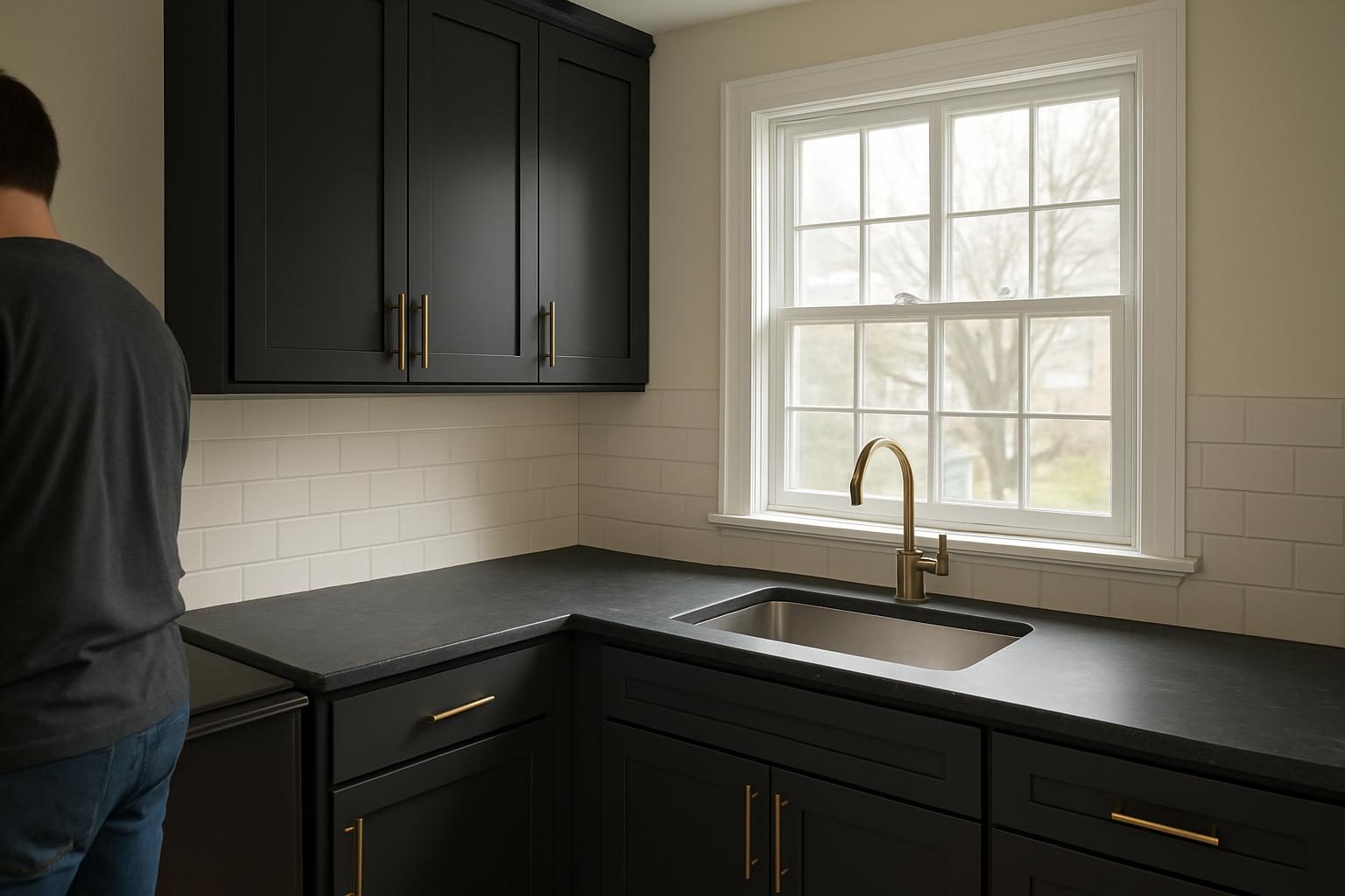 Kitchen with charcoal cabinets and bronze hardware in a New England house