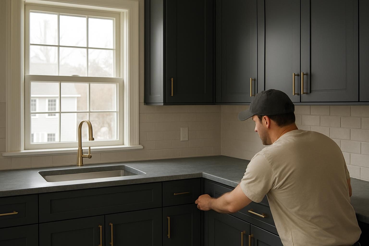 Charcoal kitchen cabinets with bronze handles and a grey stone countertop in soft daylight