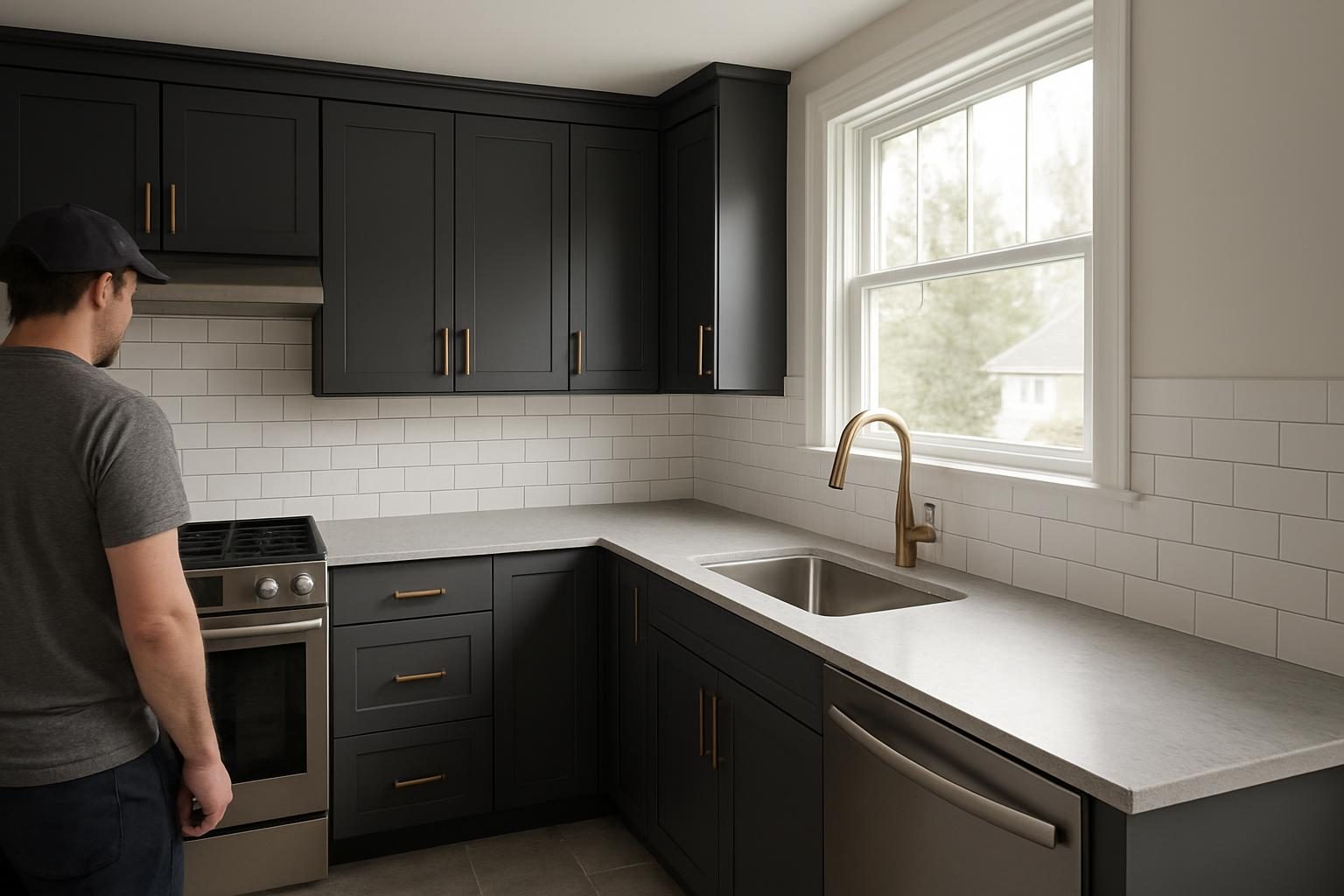 A remodeled kitchen with charcoal cabinets, bronze pulls, grey stone counters and a white tile backsplash lit by a double-hung window