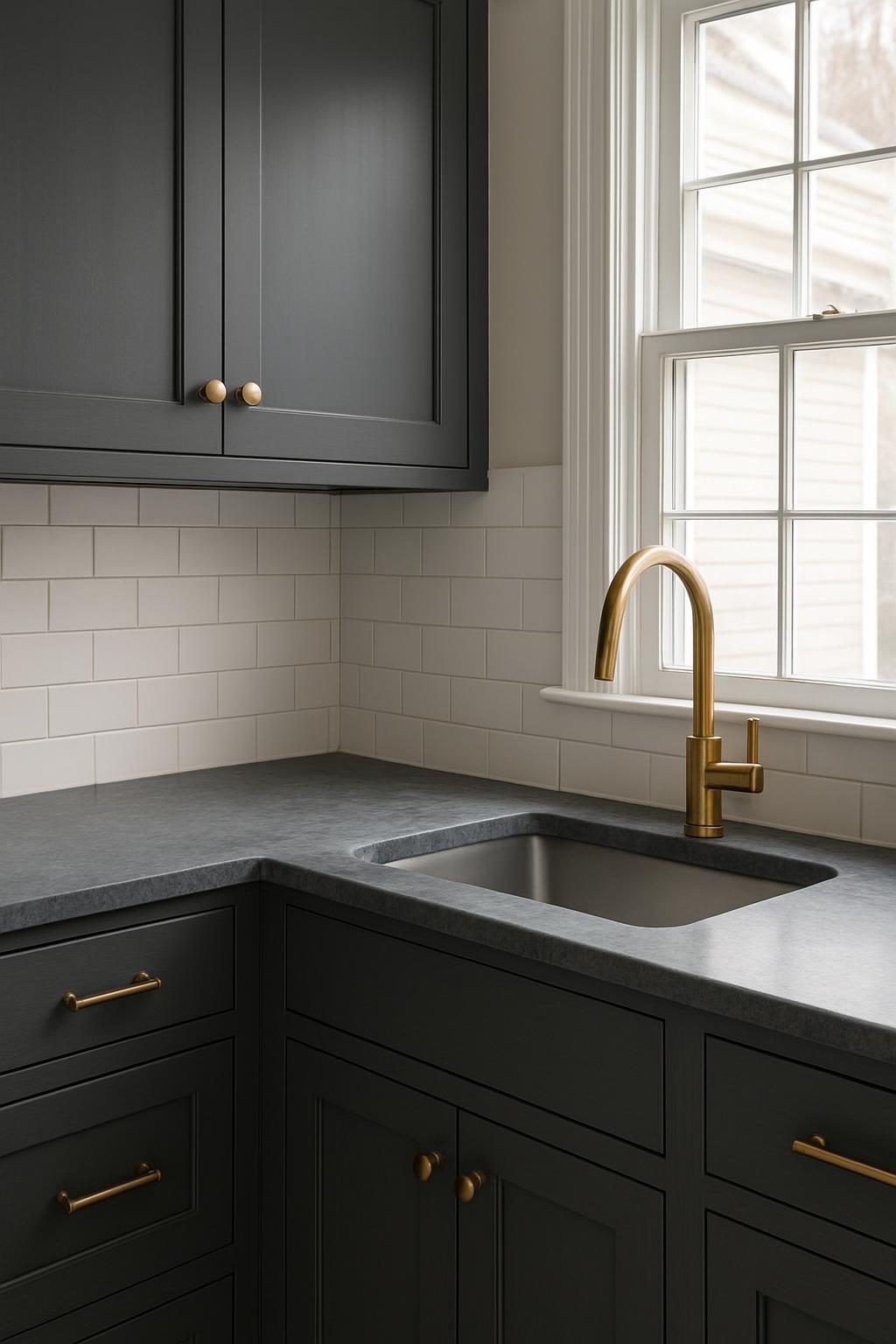Charcoal kitchen cabinets with bronze handles beside a soapstone grey countertop