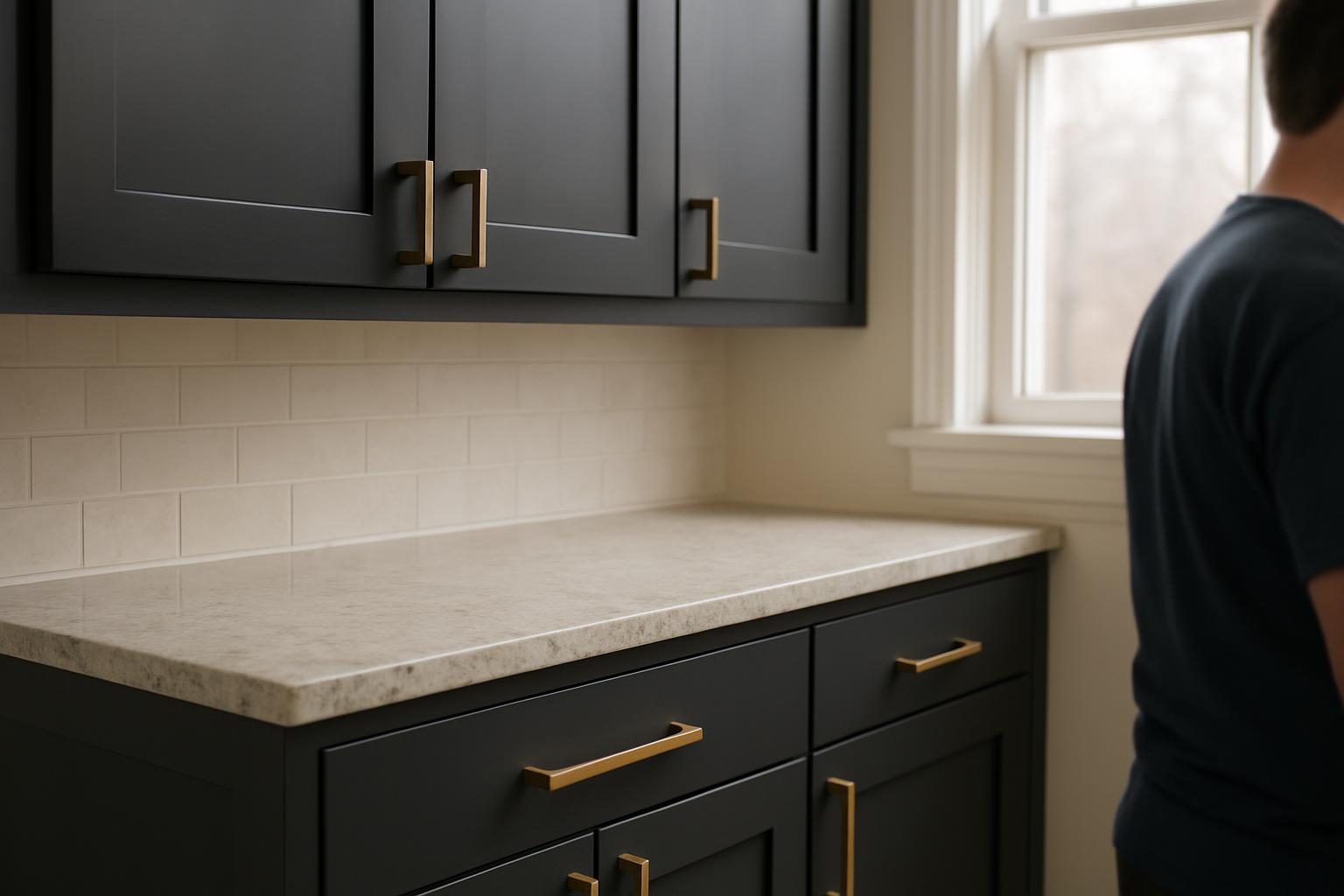 Charcoal cabinet doors with bronze pulls