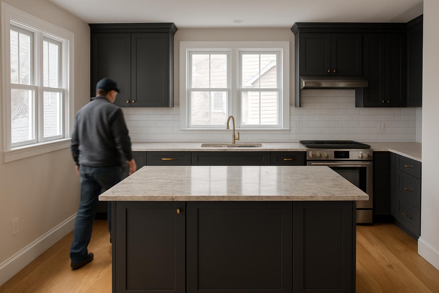 Open kitchen with a stone-topped island