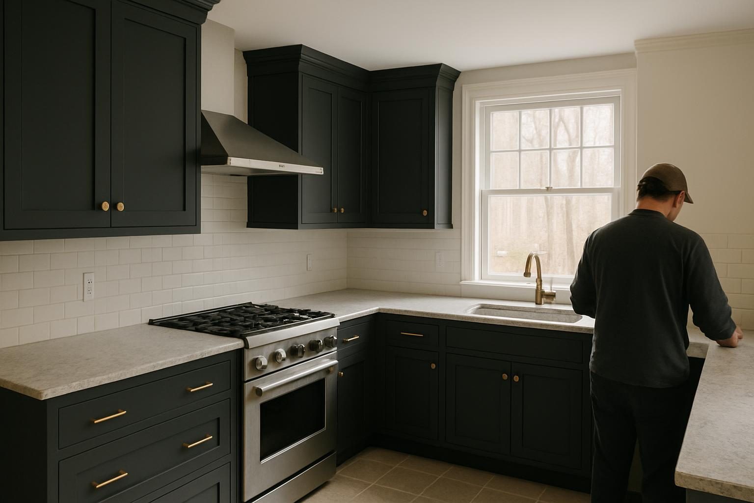 Colonial kitchen with charcoal cabinets and bronze hardware in soft daylight