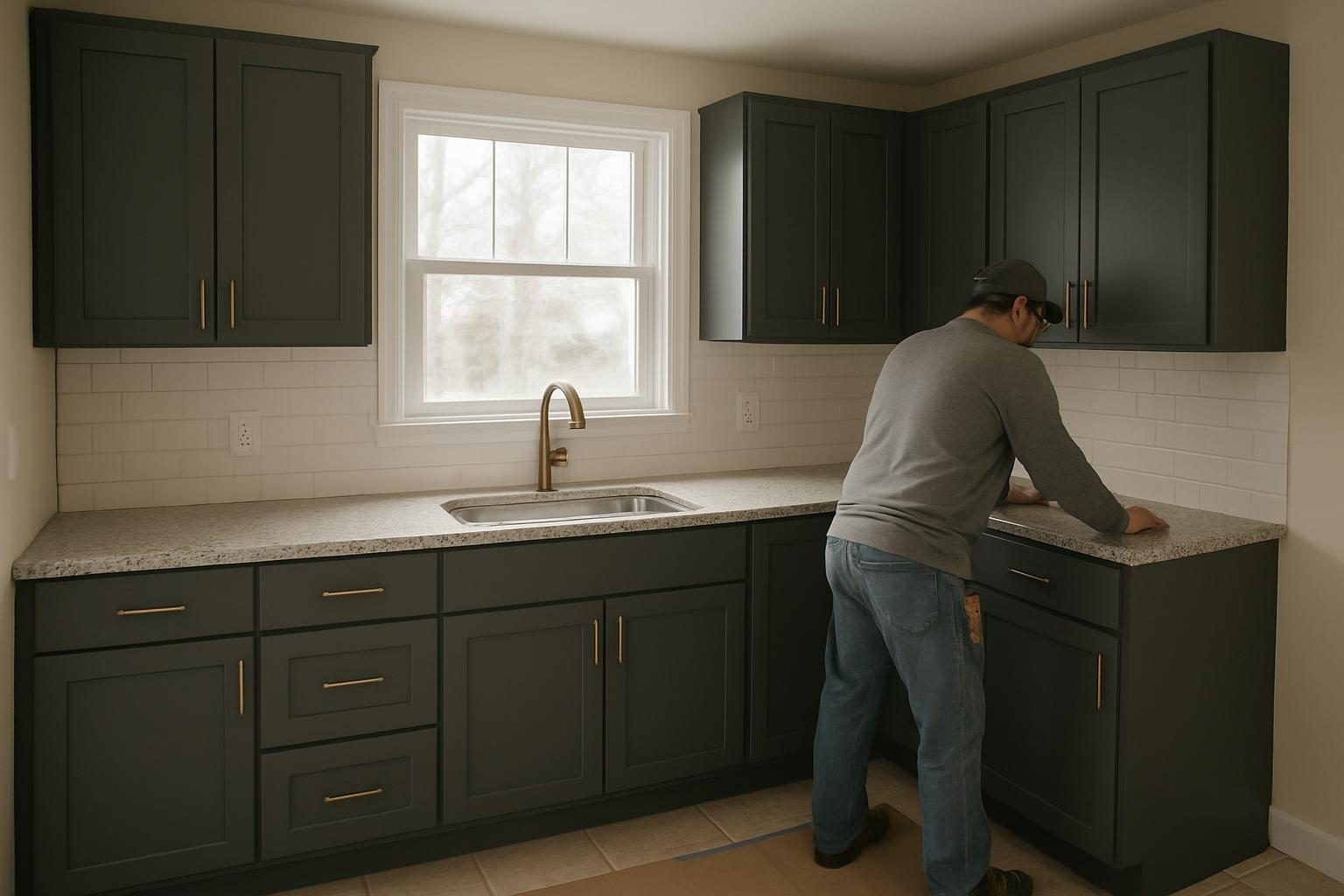 Remodeled ranch kitchen with charcoal cabinets and bronze hardware