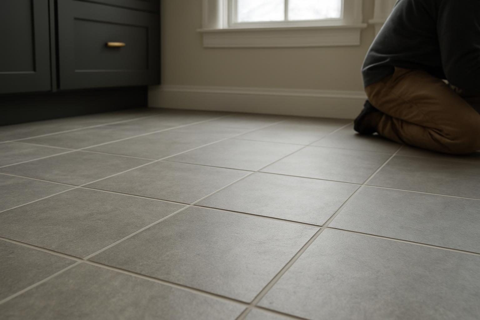 Grey porcelain kitchen floor tile up close