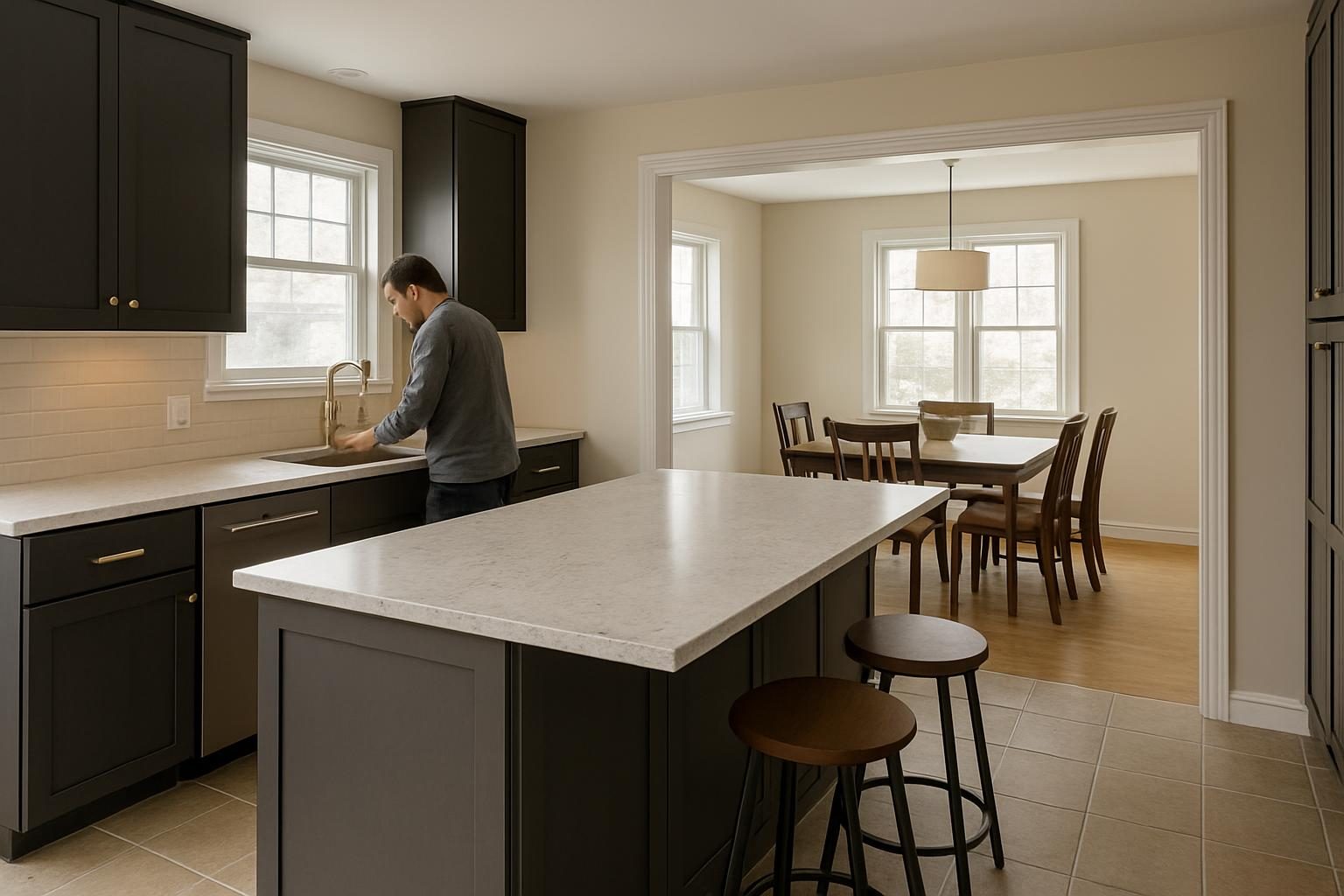 Opened-up split-level kitchen with an island