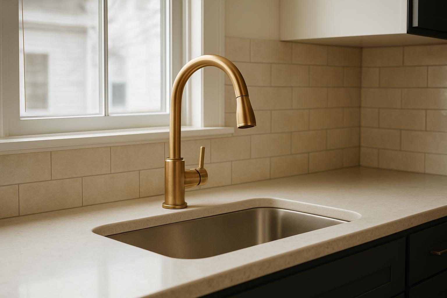 Bronze faucet over a sink with tile behind it