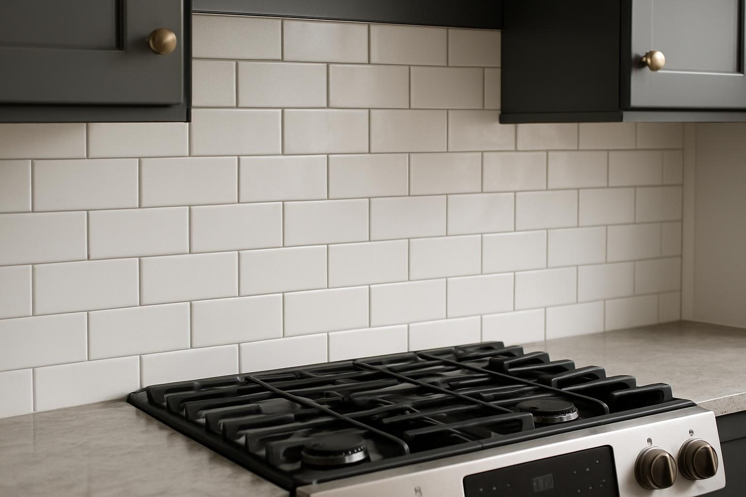 White backsplash tile behind a range