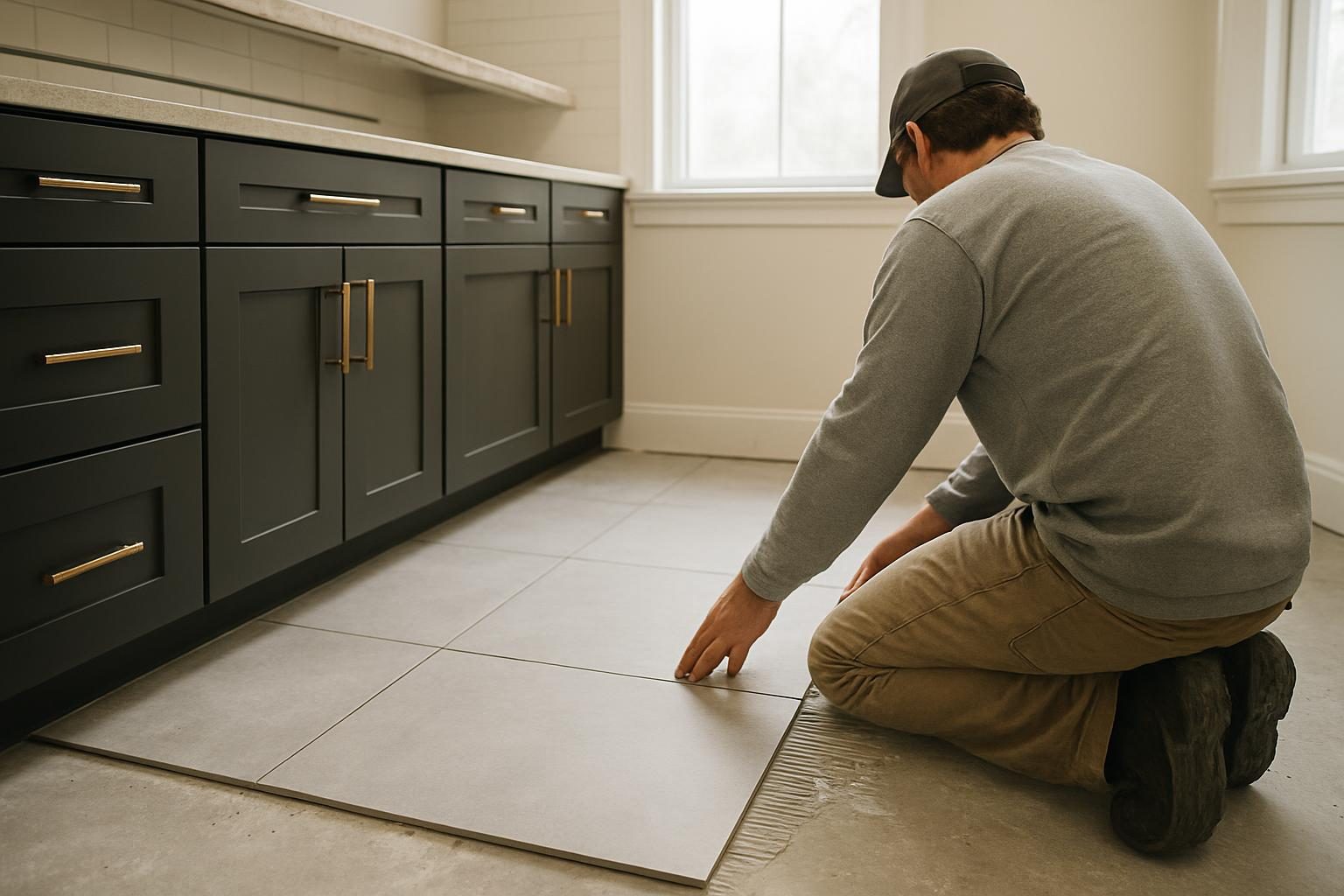 A worker, seen from behind, sets large grey porcelain tiles on a kitchen floor beside charcoal cabinets
