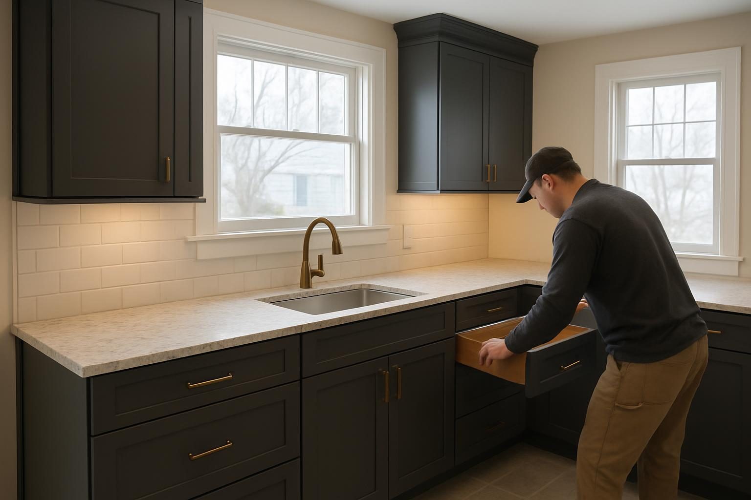 Remodeled kitchen with charcoal cabinets and bronze hardware in a Massachusetts home
