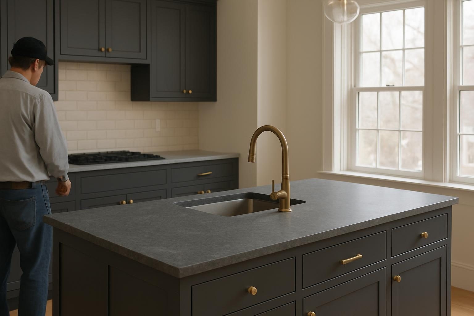 Kitchen island with grey stone countertop