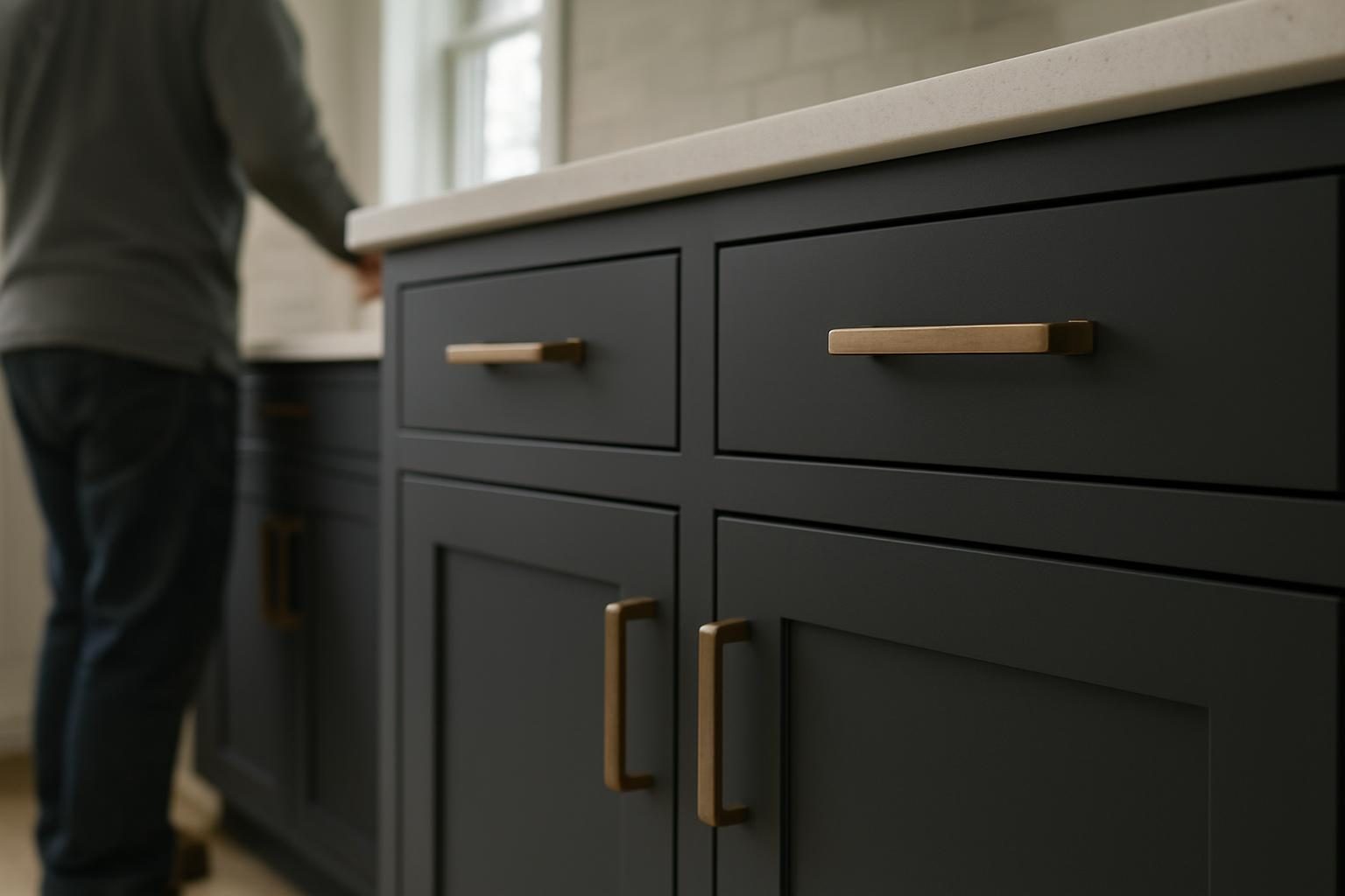 Charcoal cabinet doors with bronze pulls