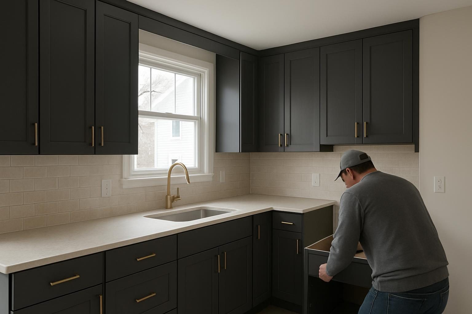 Remodeled split-level kitchen with charcoal cabinets and bronze hardware