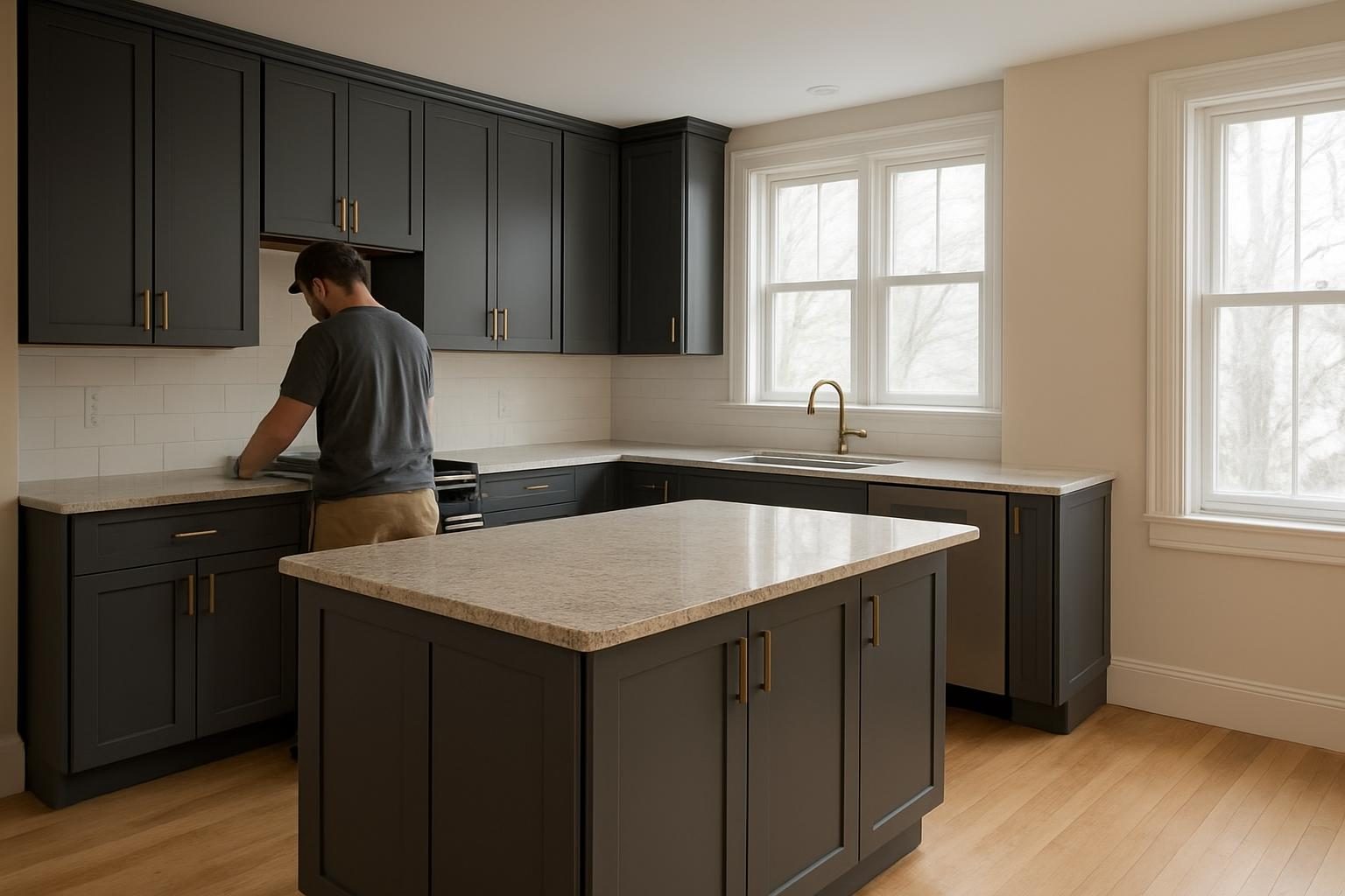 Opened-up kitchen with an island in an older house