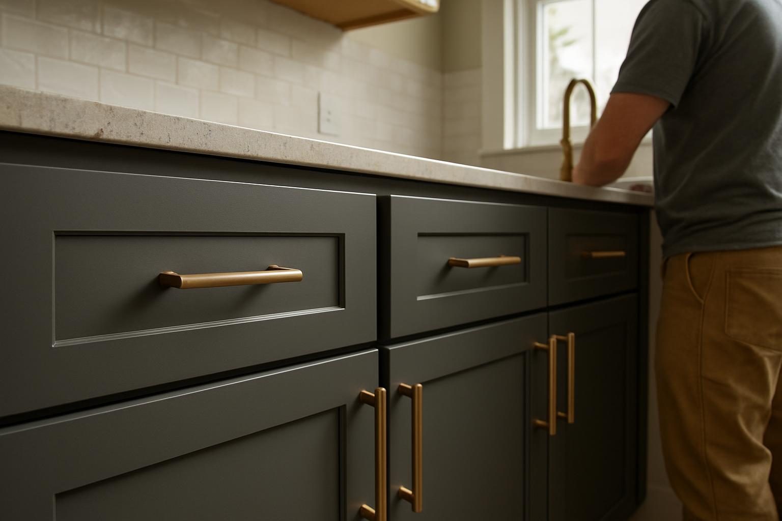 Charcoal cabinet doors with bronze pulls