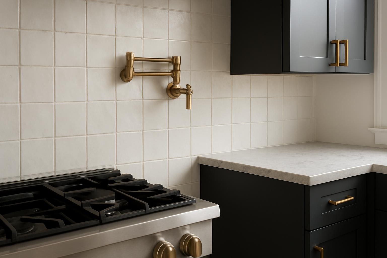 White tile backsplash behind a range