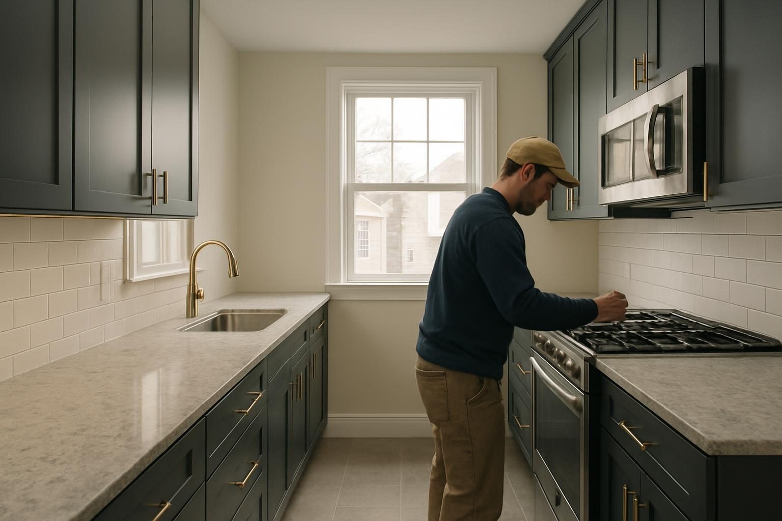 Charcoal-cabinet kitchen with bronze hardware in an older Medford house