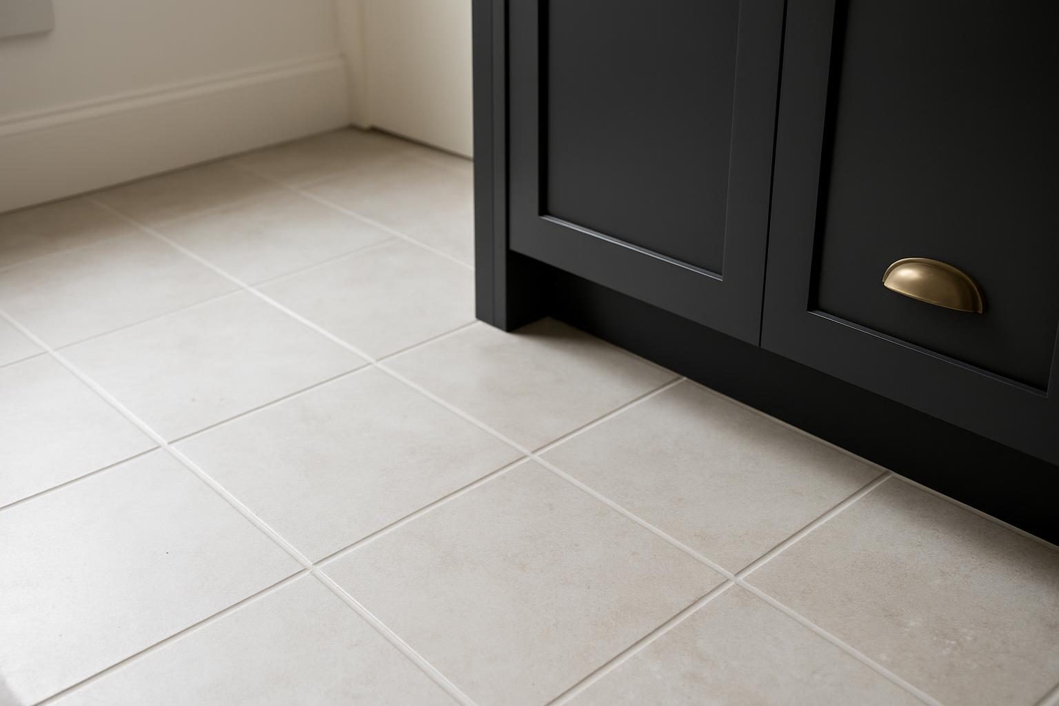 Porcelain floor tile next to a charcoal cabinet base