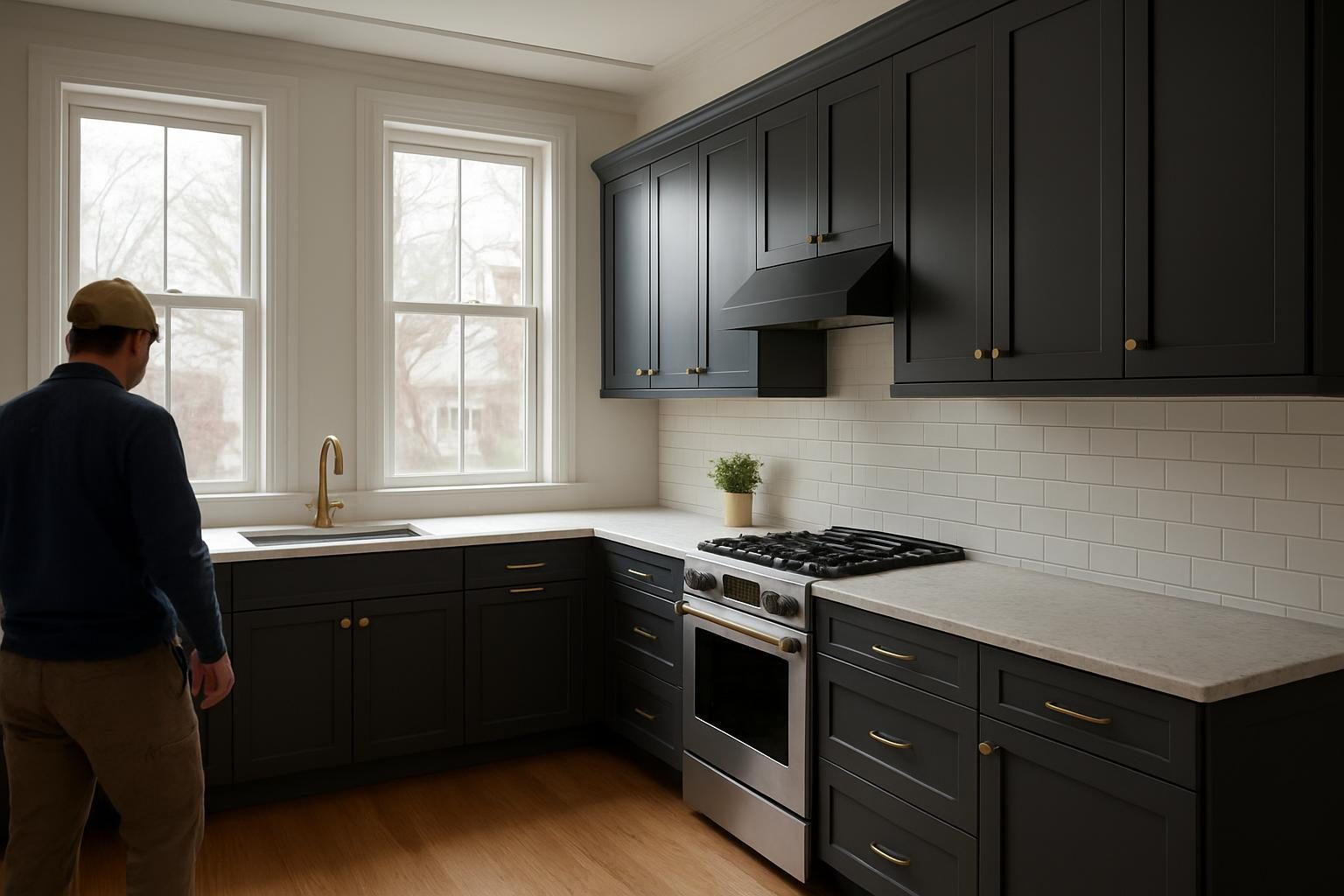 Kitchen in a Newton Victorian with charcoal cabinets and tall windows