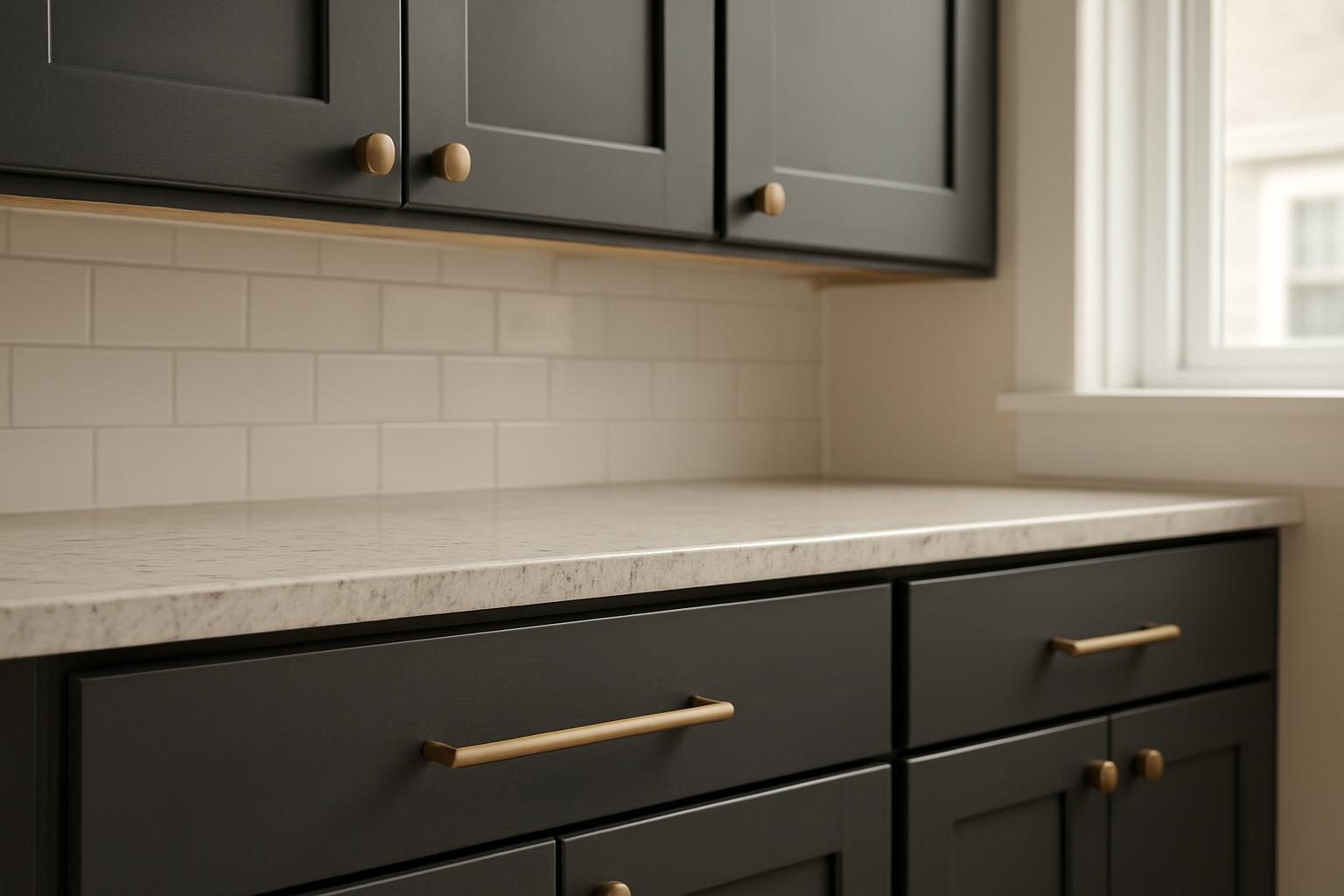 Charcoal cabinet doors with bronze pulls