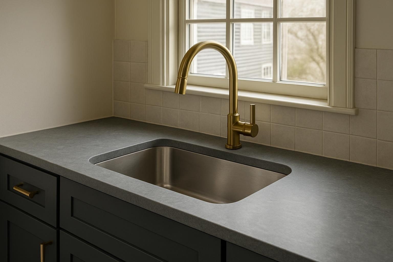 Stainless undermount sink in a grey stone counter with a brushed bronze faucet beside a window