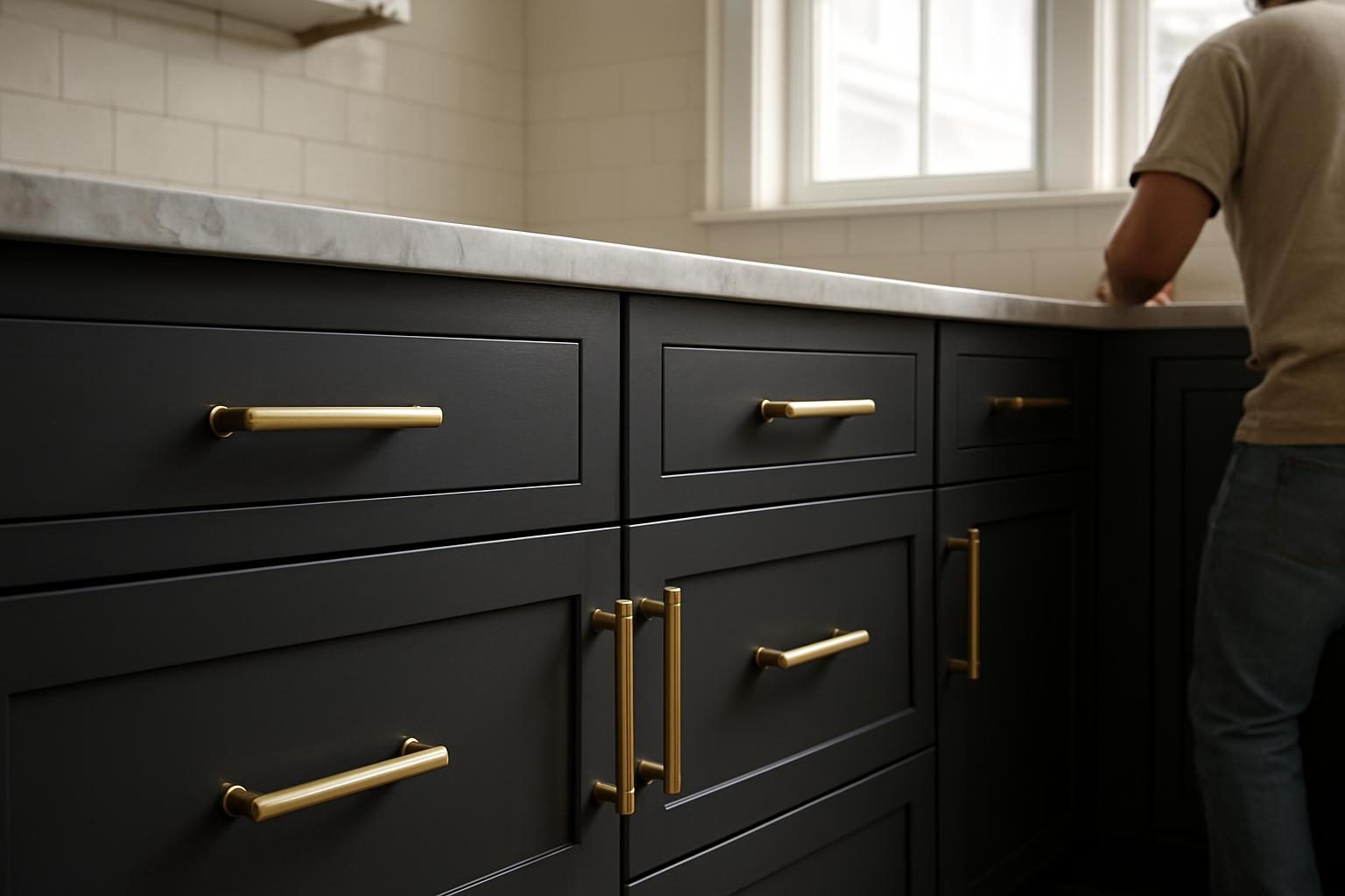 Charcoal shaker cabinets with brass pulls