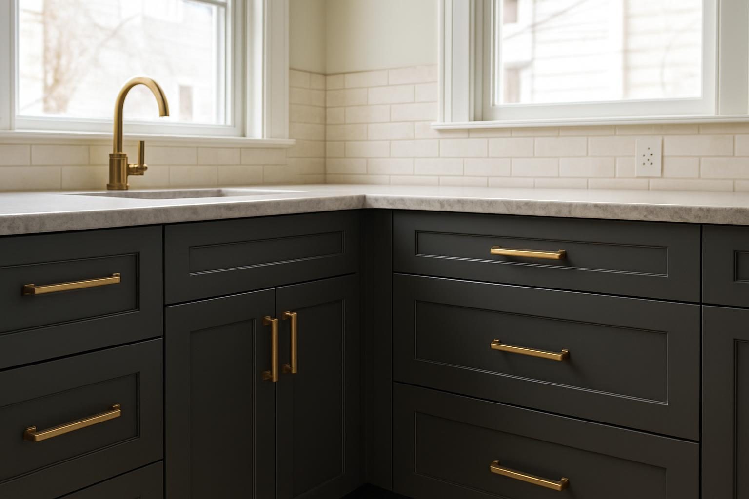 Charcoal cabinet doors with brass pulls