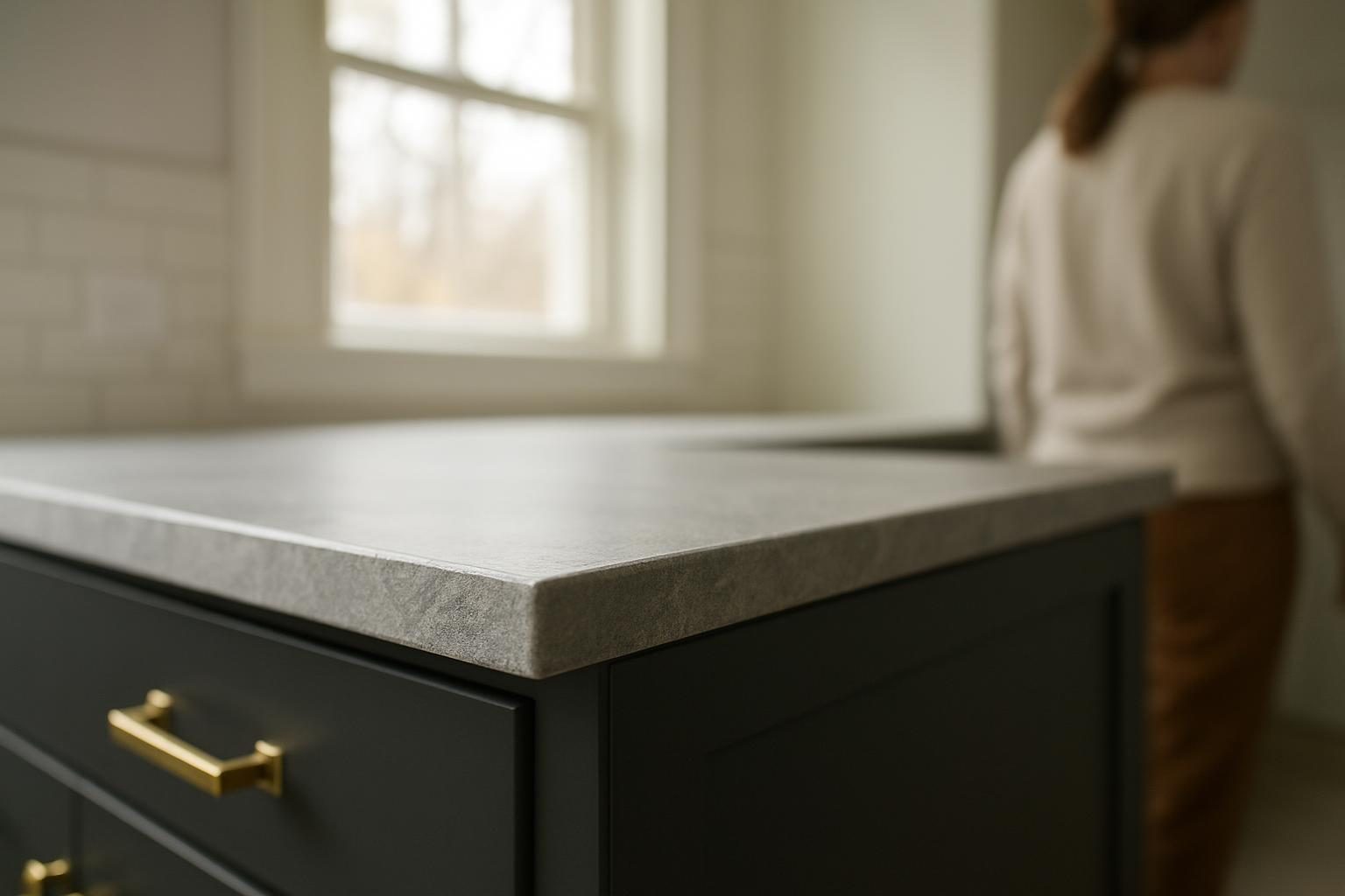 Edge of a grey stone countertop