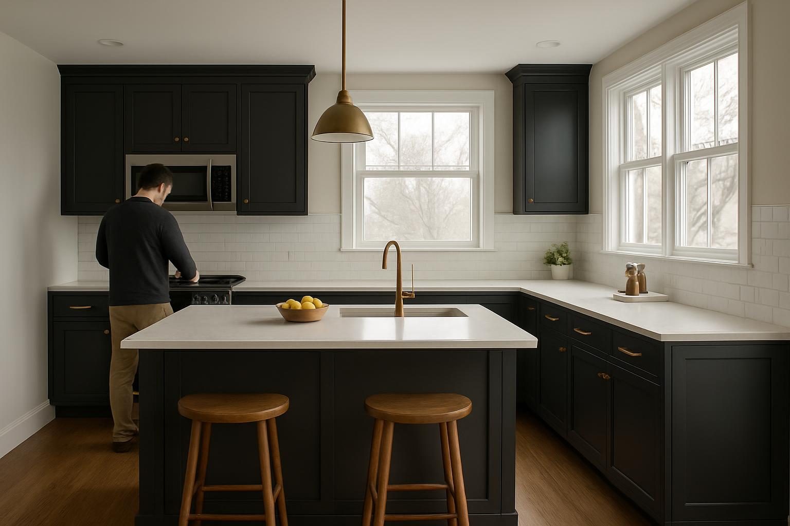 Open kitchen with island beside a dining area
