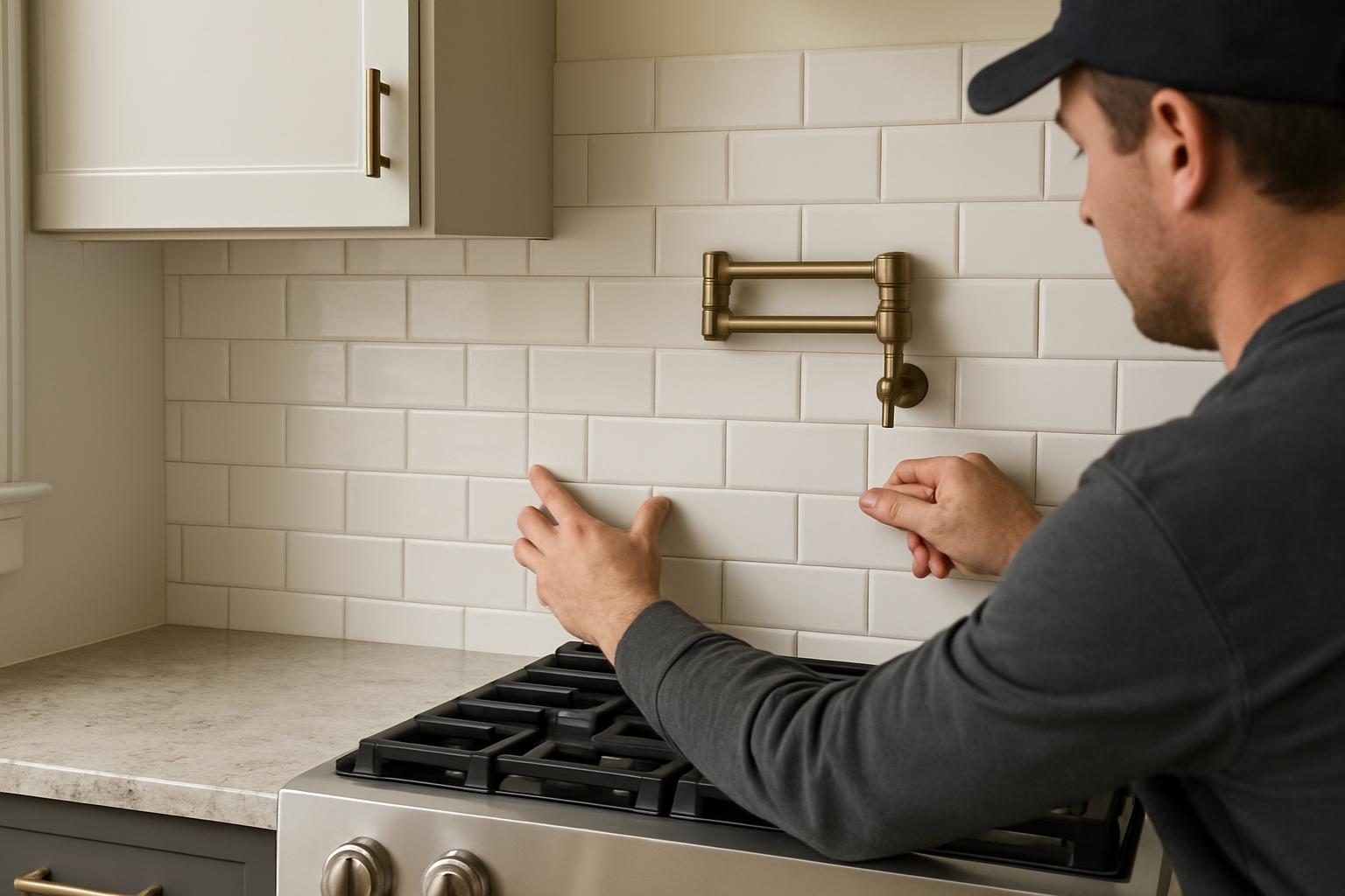 White tile backsplash behind a range