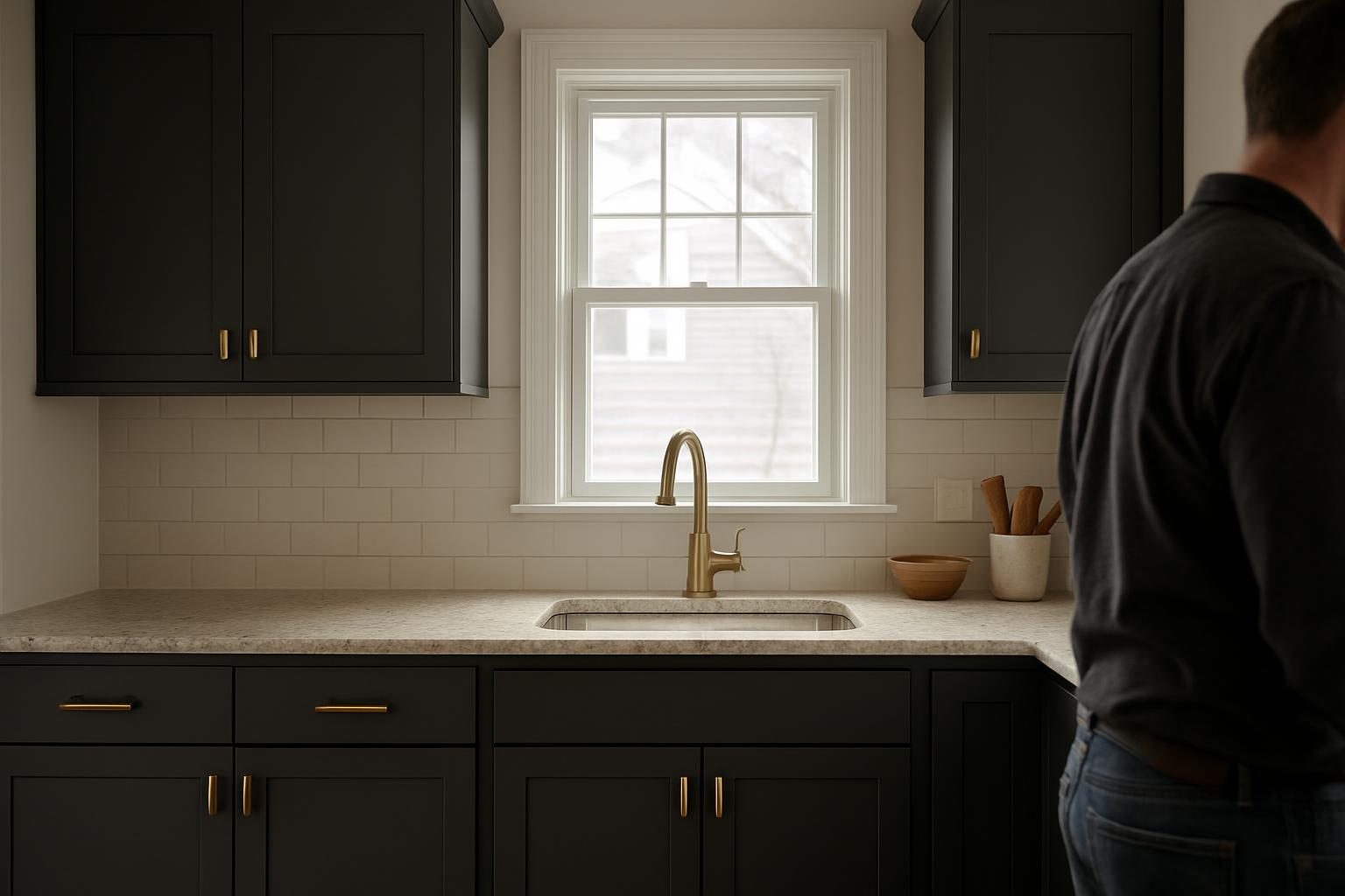 A kitchen with charcoal cabinets, bronze hardware and stone counters in soft daylight