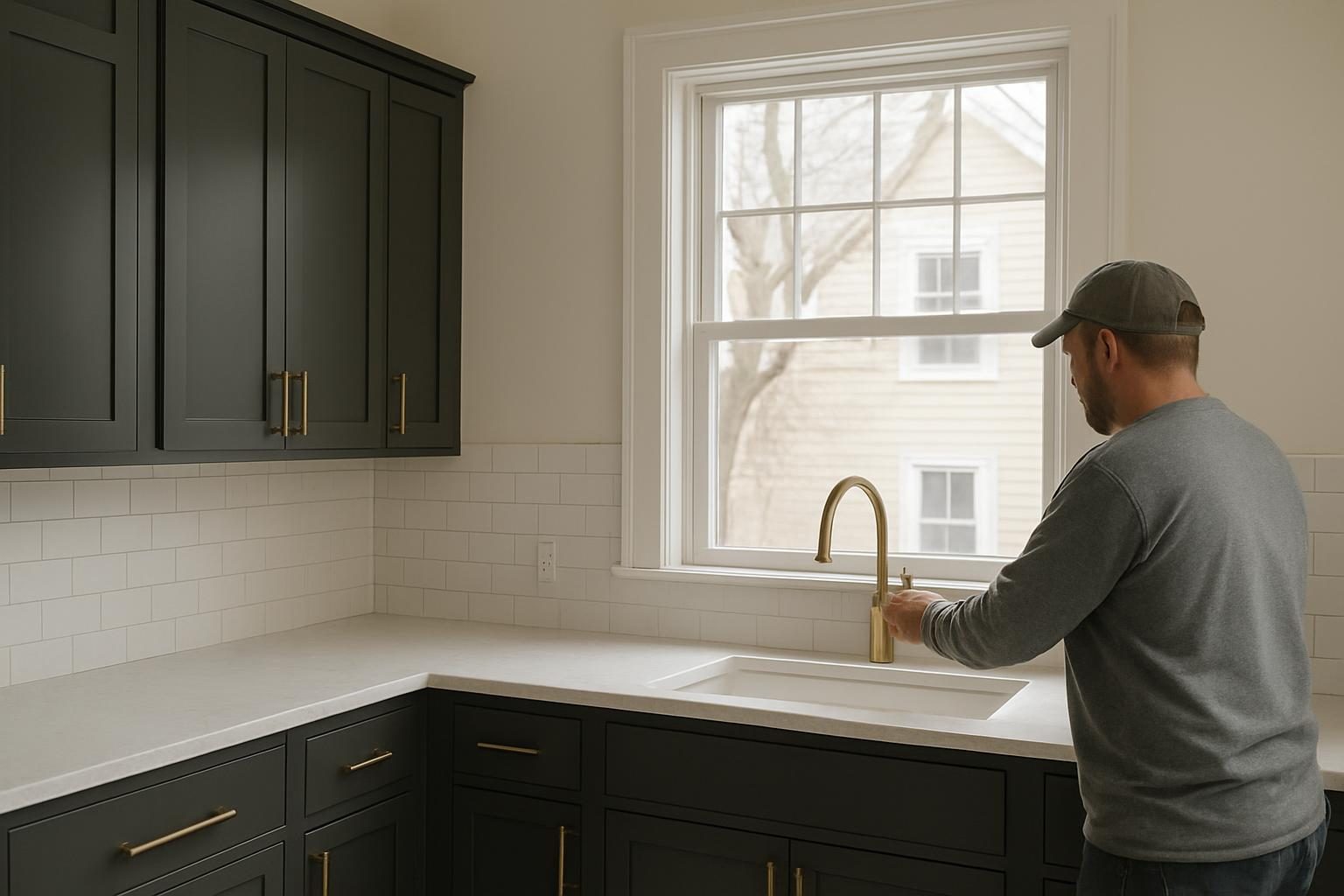 Kitchen with charcoal cabinets and bronze hardware in an older Waltham house