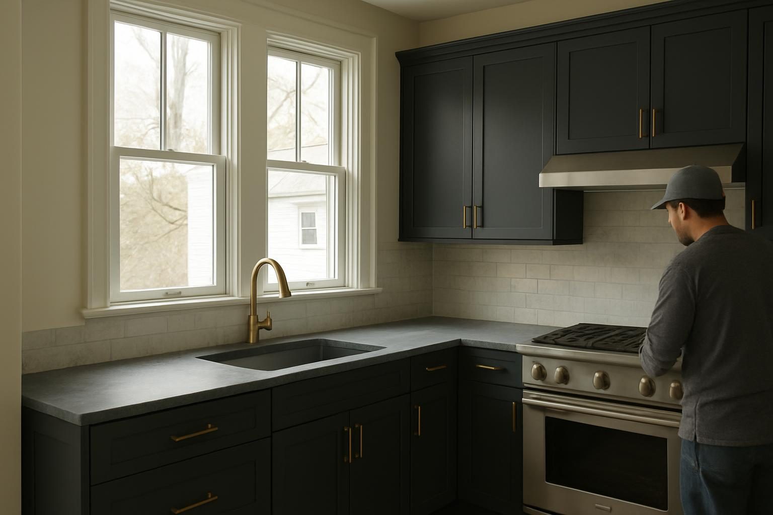 Kitchen in a Winchester Victorian with charcoal cabinets and bronze hardware