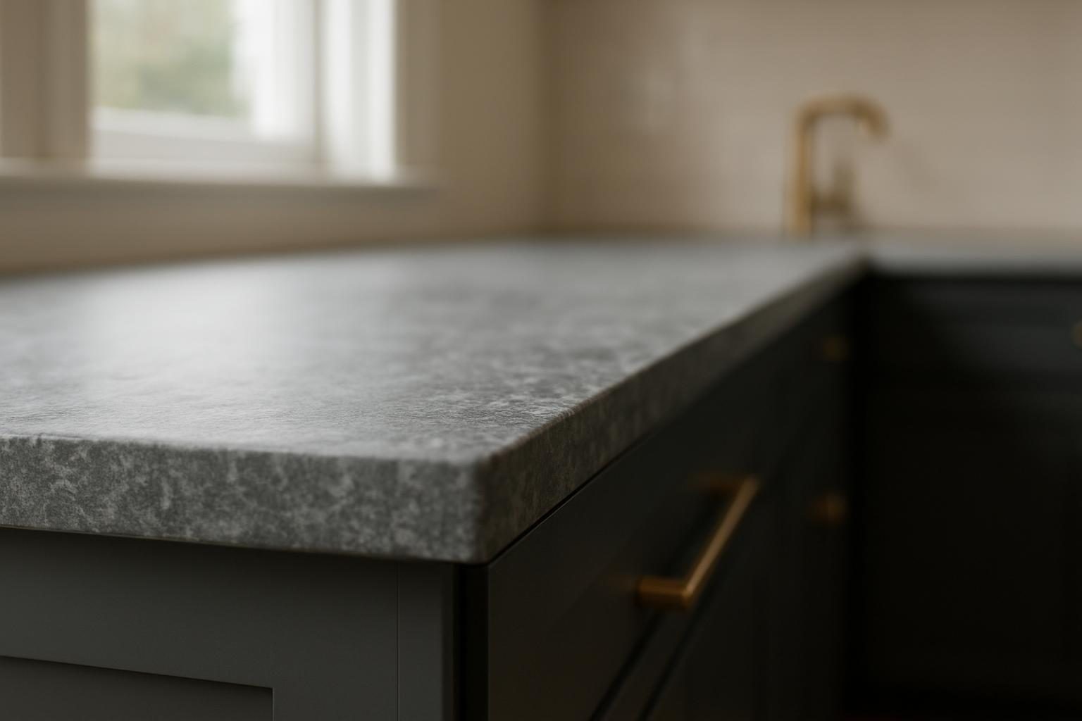 Grey stone countertop edge up close