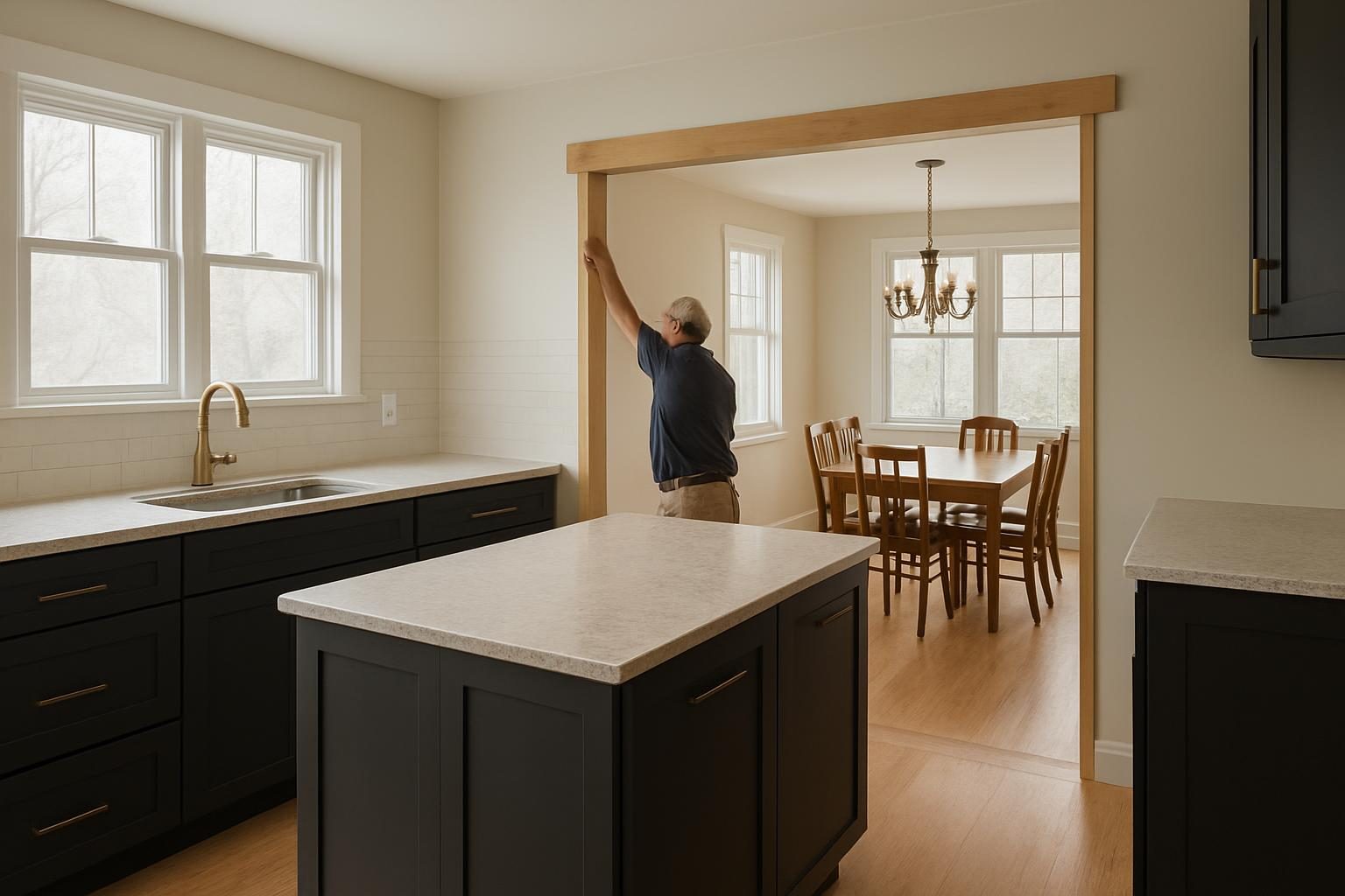 Opened kitchen wall with island position marked