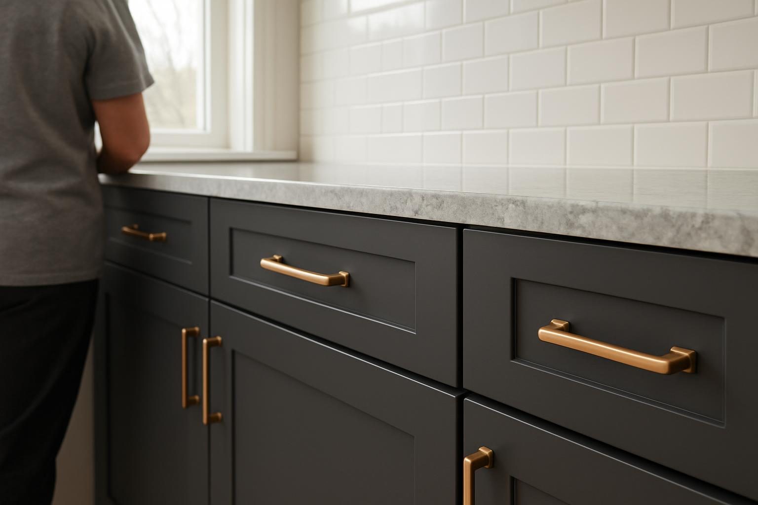 Charcoal cabinet doors with bronze pulls