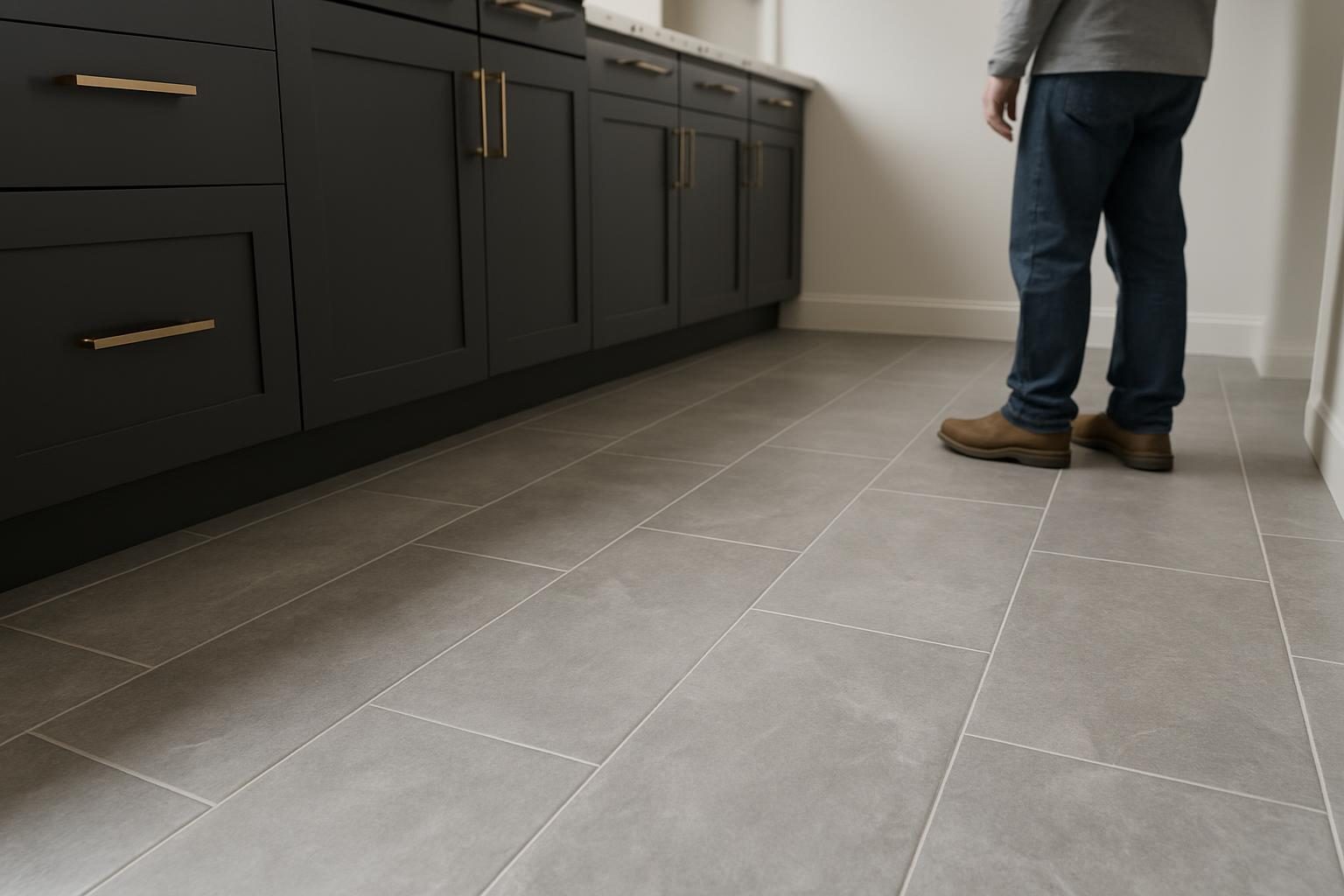 Grey porcelain floor tile close-up