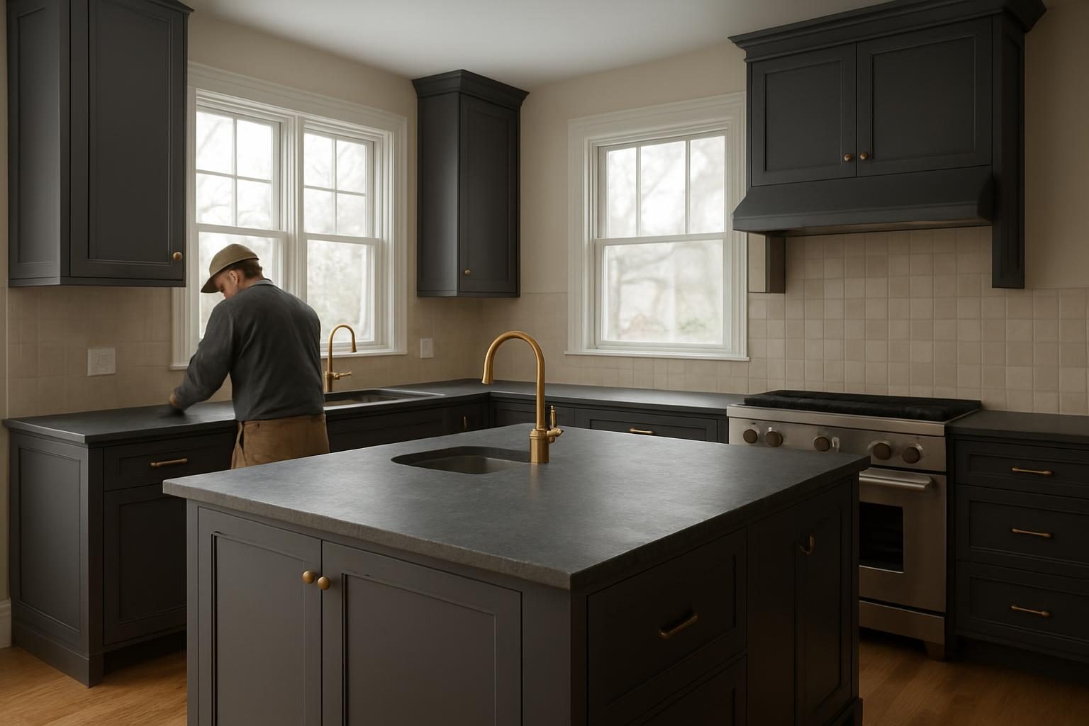 Kitchen island in an opened-up colonial kitchen