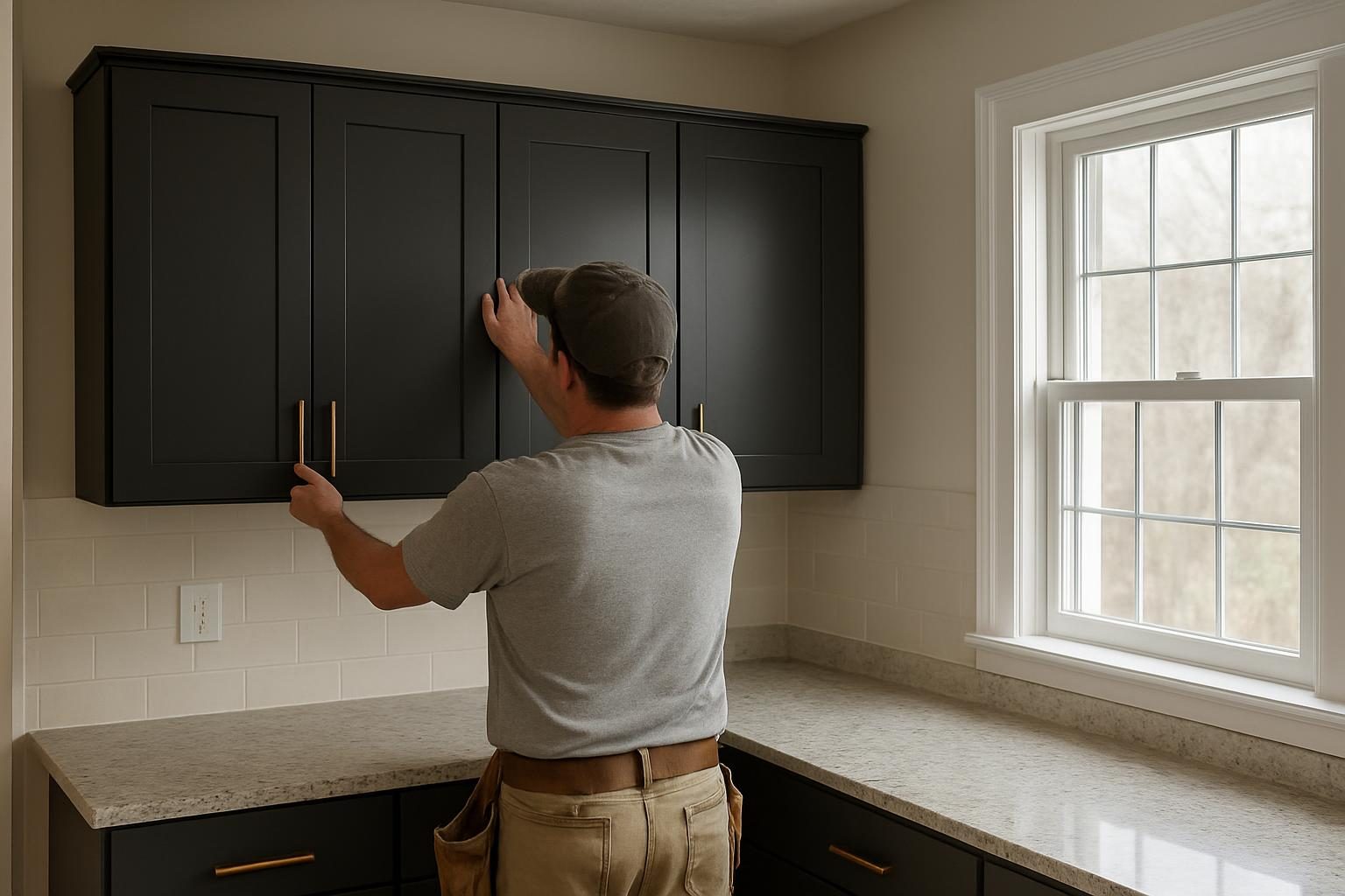 An installer, seen from behind, levels a charcoal wall cabinet with bronze pulls in a cape-style kitchen lit by a double-hung window
