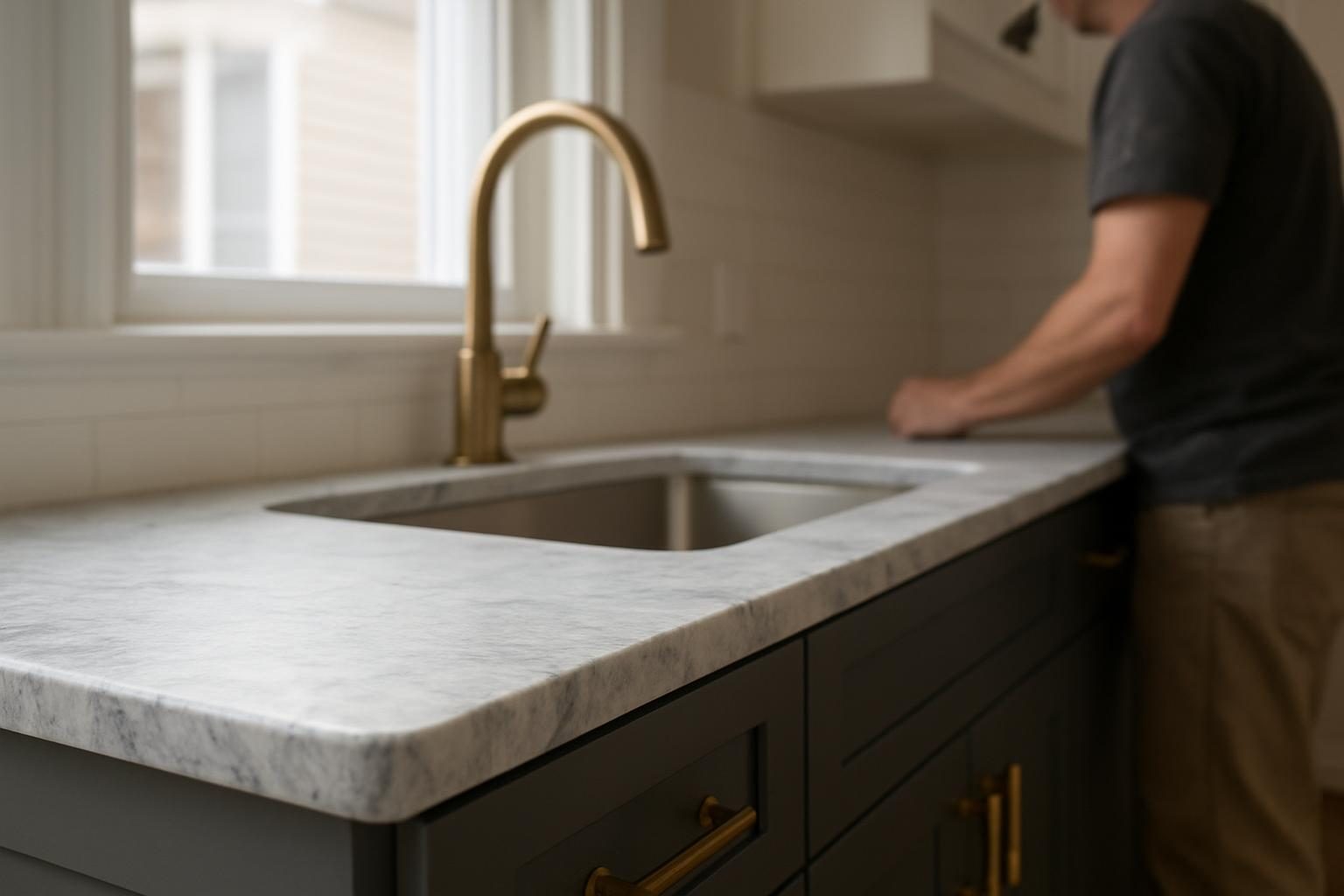 Grey veined stone countertop edge